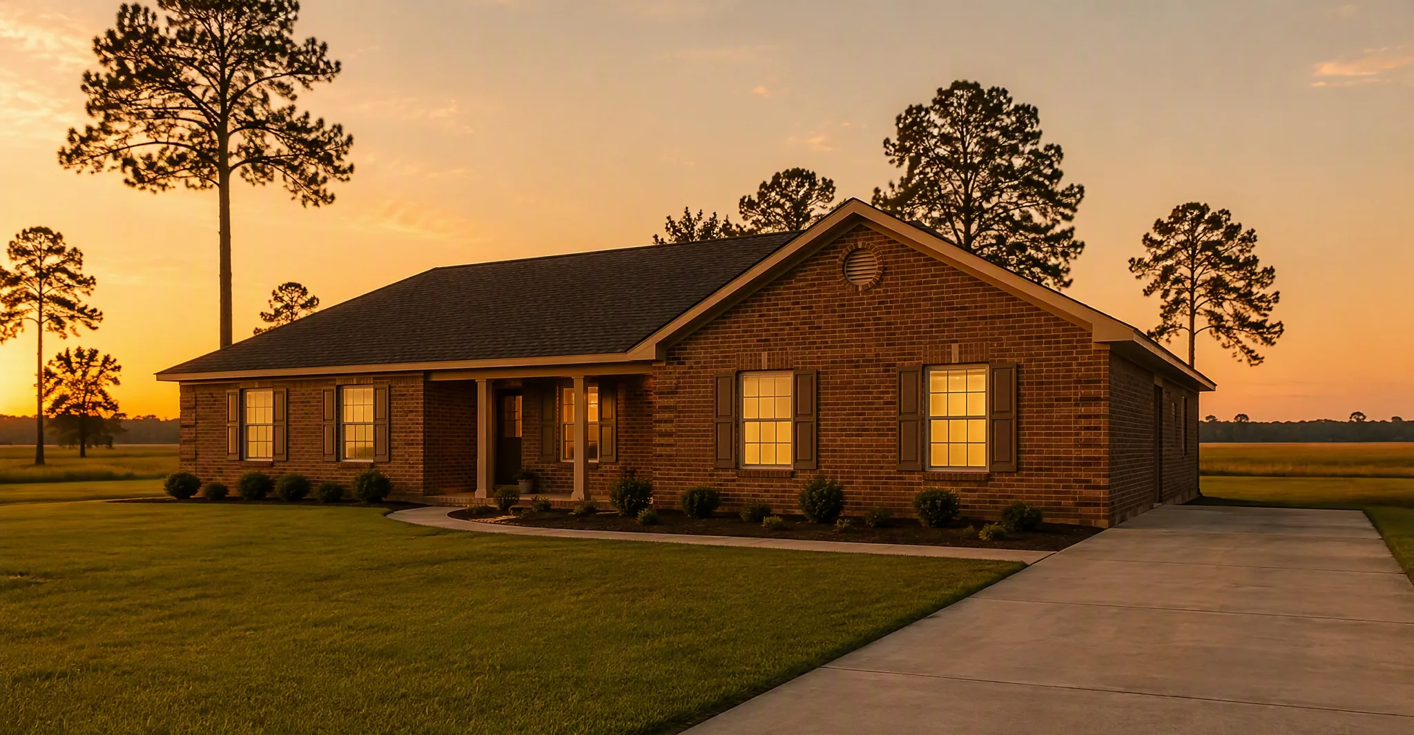 Golden-hour brick ranch home in the Wiregrass farmland outside Dothan